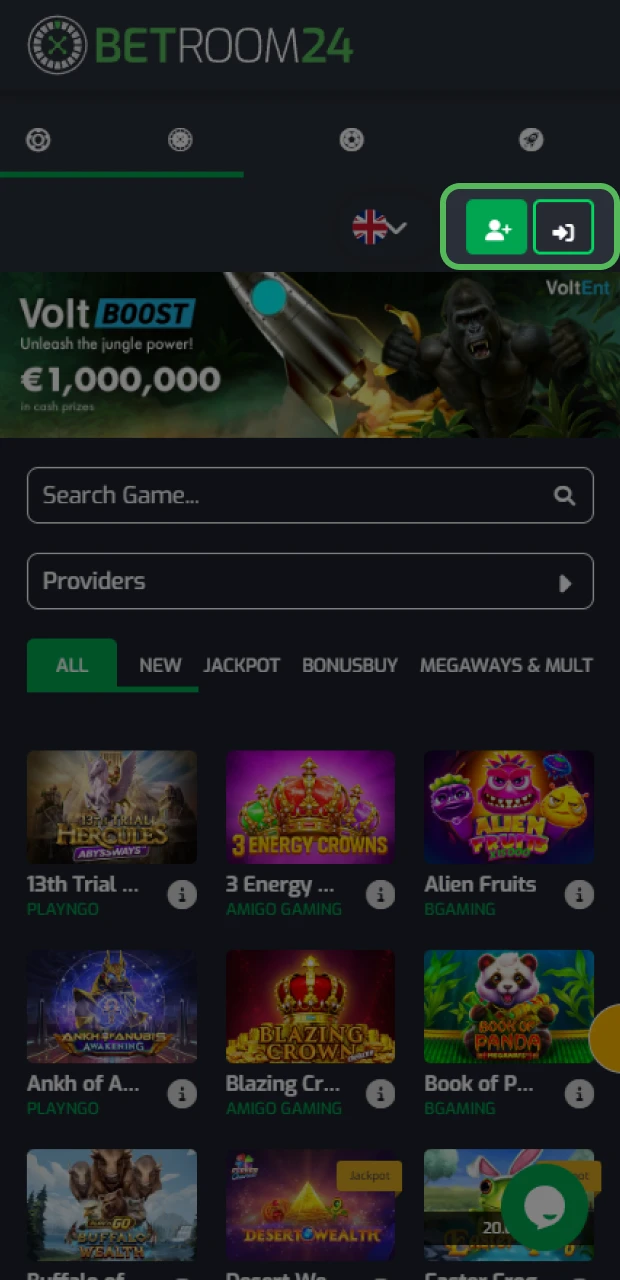 Inicie sesión o regístrese en la aplicación Betroom24 para empezar a jugar en iOS.