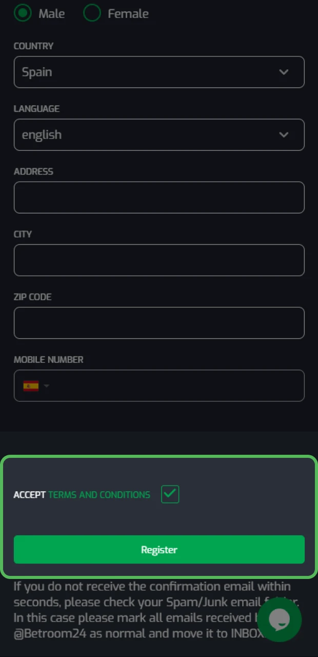 Acepta los términos y confirma el alta para empezar a jugar en la aplicación Betroom24.