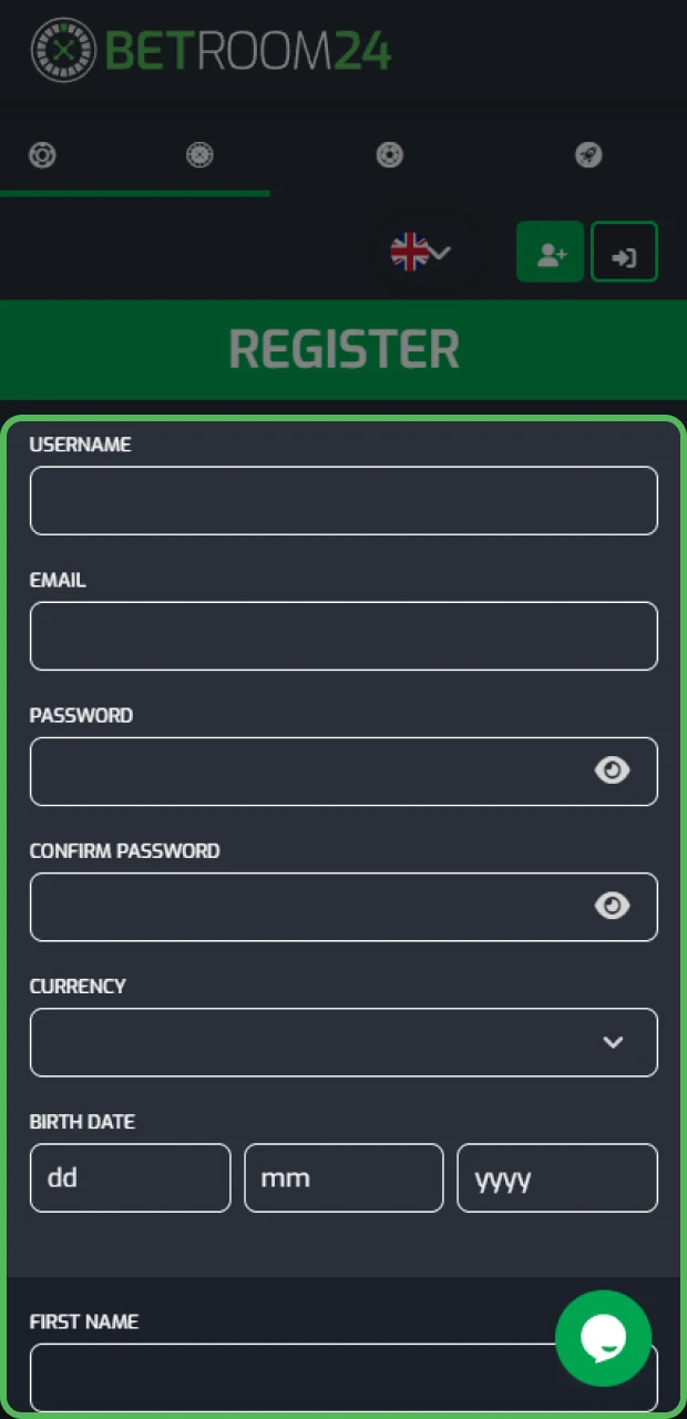 Introduce tus datos para tu cuenta Betroom24.