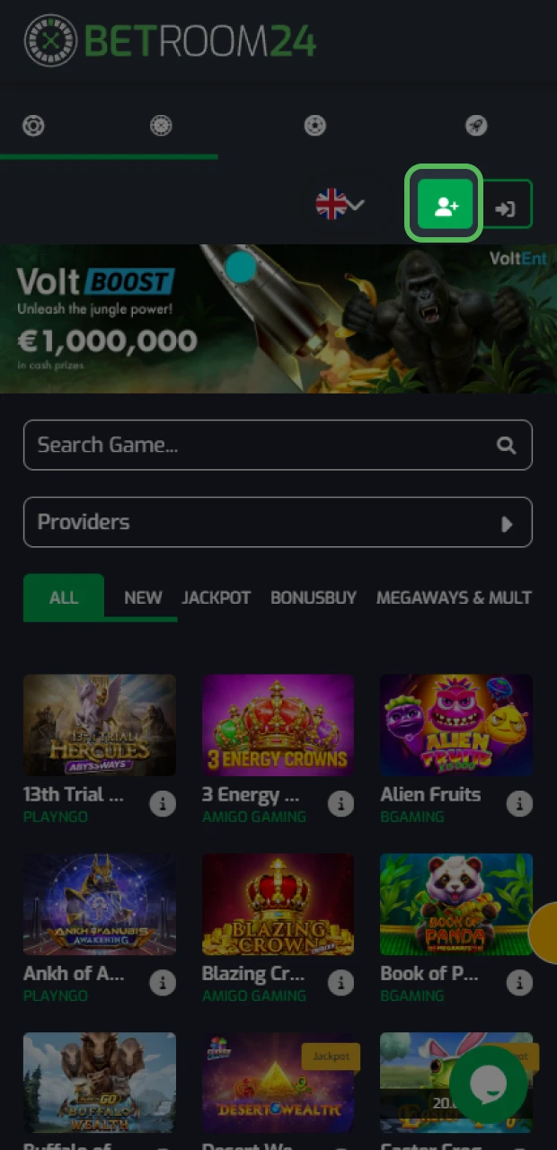 Pulsa Registro y elige el método de inscripción que prefieras en la app Betroom24.