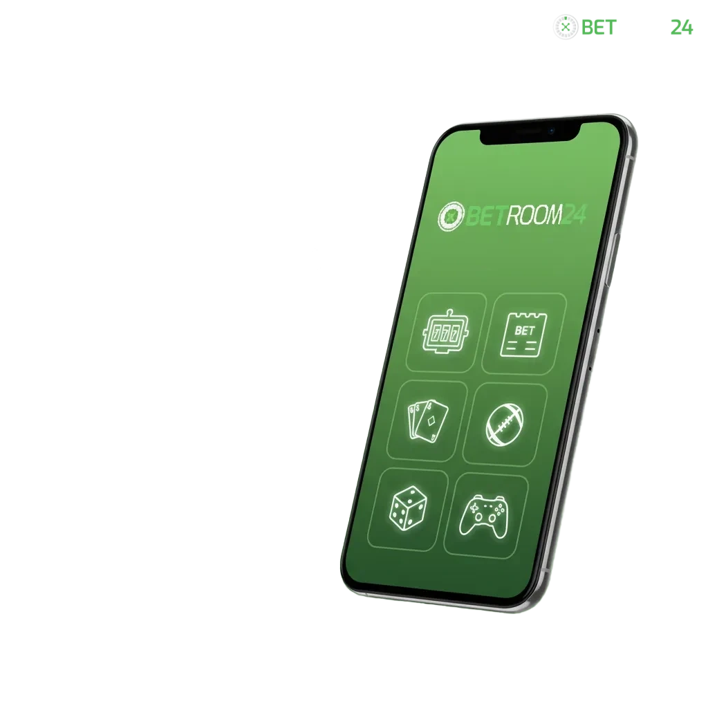 App de Betroom24 en Android mostrando apuestas, slots y mesas de casino en un móvil; gratuita con instalación rápida