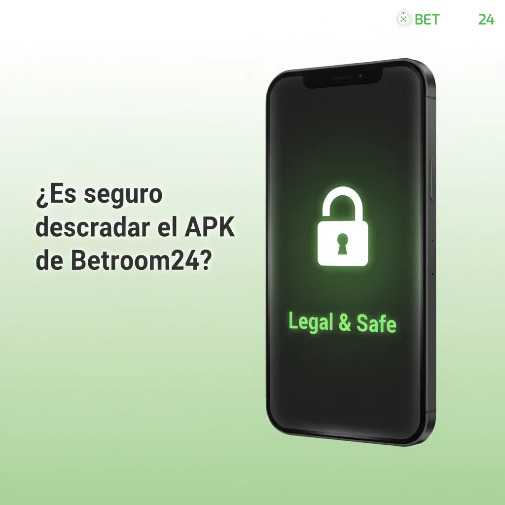 Teléfono con candado y sello de licencia; descarga APK Betroom24 segura con SSL y verificación desde fuente oficial