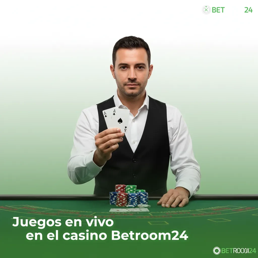 Sección de casino en vivo Betroom24 con crupier y mesas de ruleta, blackjack, baccarat, póker, shows y dados.