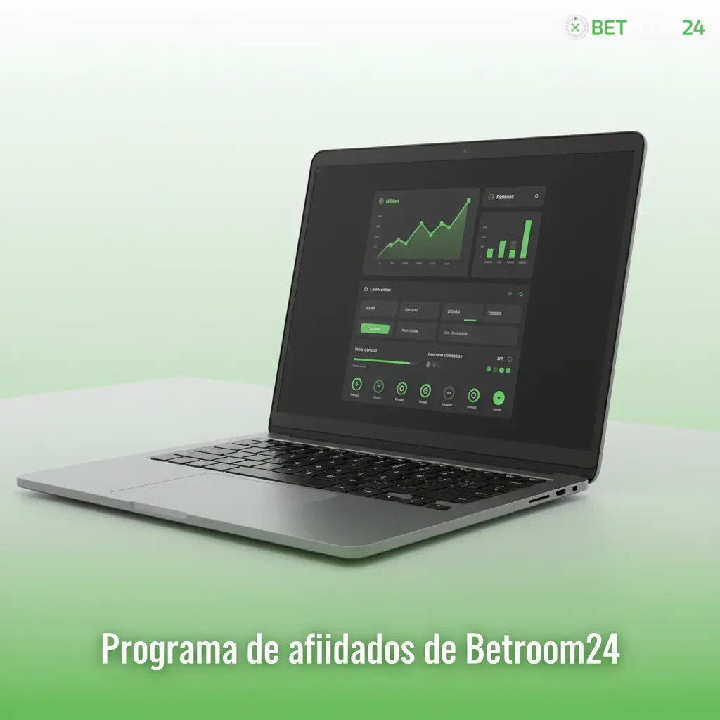 Imagen del programa de afiliados de Betroom24: comisiones, materiales, seguimiento en tiempo real, estadísticas y pagos.