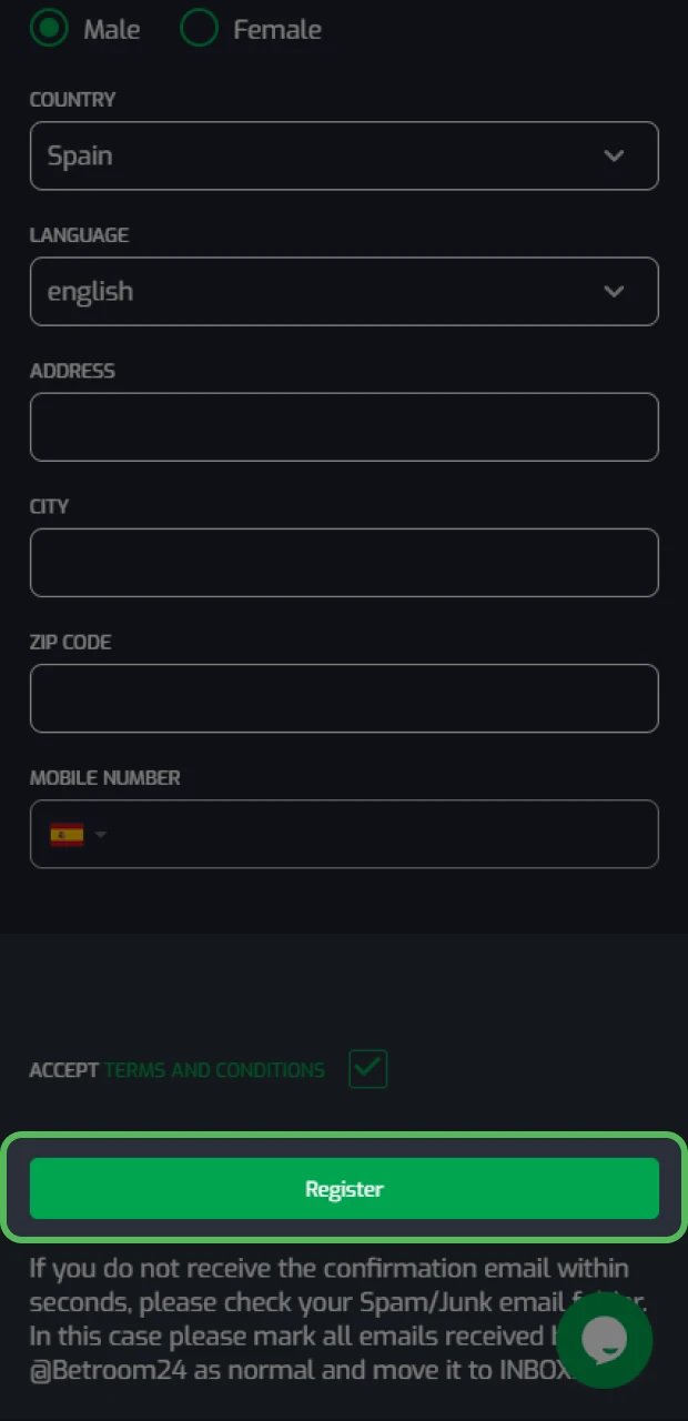 Finaliza con la confirmación del proceso para empezar a apostar en Betroom24.