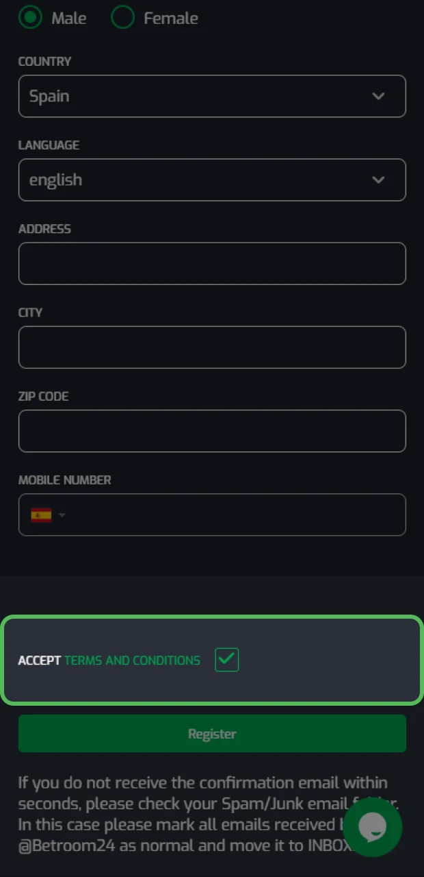Crea una contraseña y acepta los requisitos del sitio para registrarte en Betroom24.