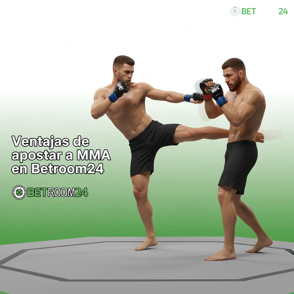 Banner de Betroom24 con ventajas MMA: cuotas y líneas en vivo, mercados variados, cash out, estadísticas y juego responsable